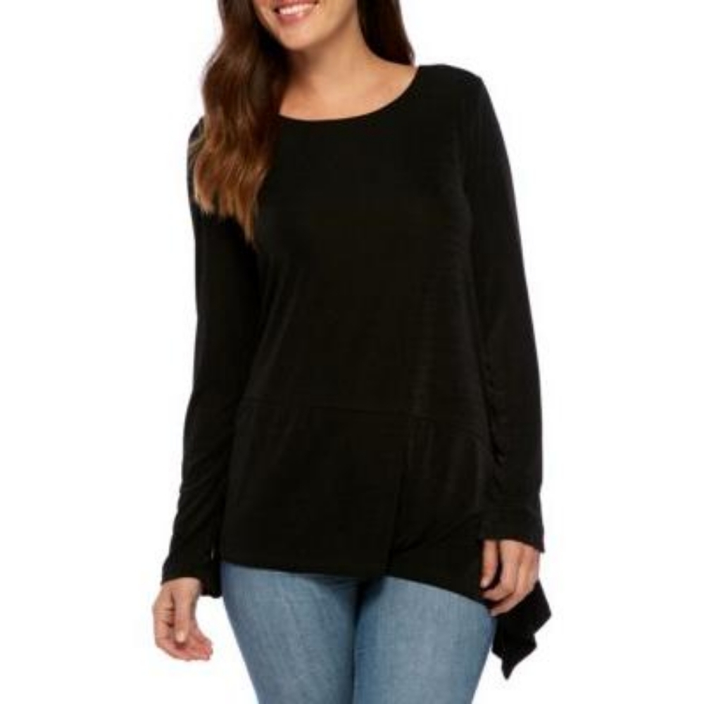New Directions Blouse Top Black Asymmetrical Hem Satin Touch NWT Women's Medium